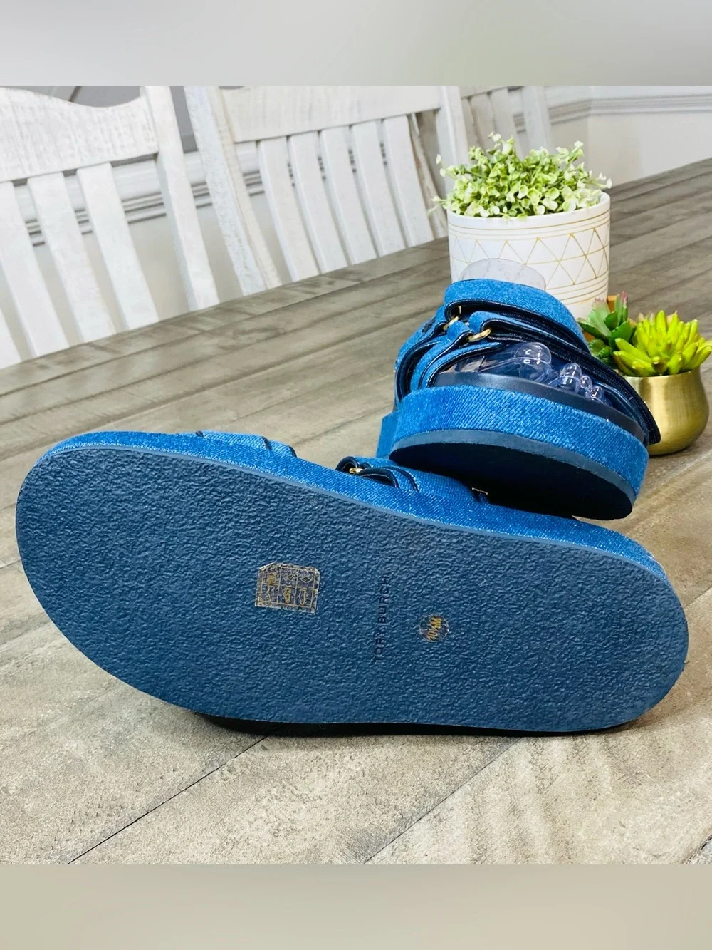 Tory Burch Kira Sport Sandal Denim Blue Platform Logo Strappy Women's Size 10.5